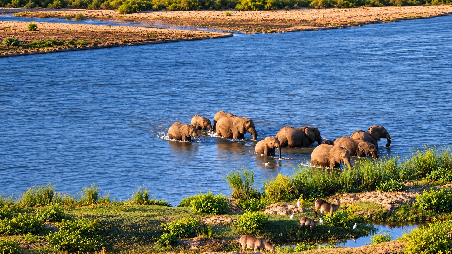 Elephants wading through the river beside the bushveld