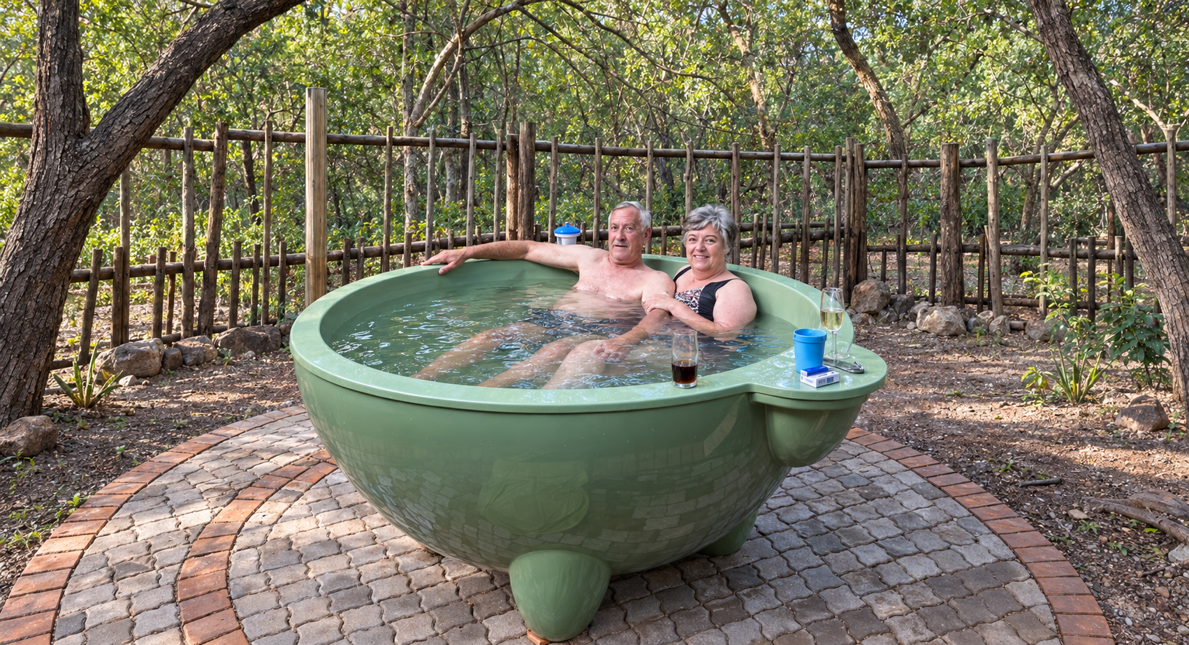 Two guests relaxing in the outdoor hot tub